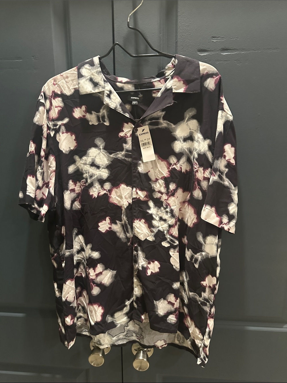Express Black Satin Floral Button-Up with Burgundy Highlights. New with tags